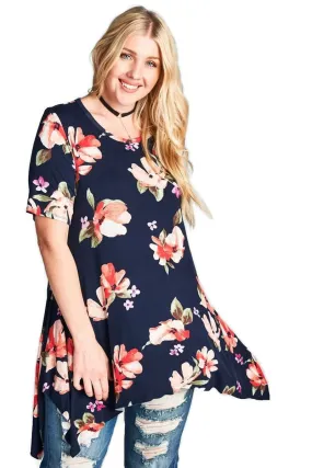 Floral Sharkbite Short Sleeve Tunic, Navy