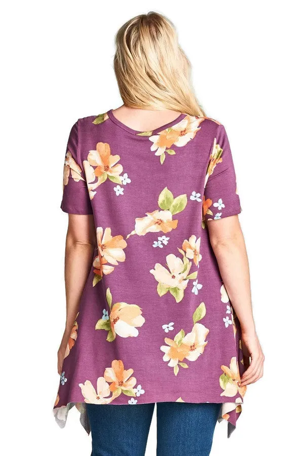 Floral Sharkbite Short Sleeve Tunic, Purple