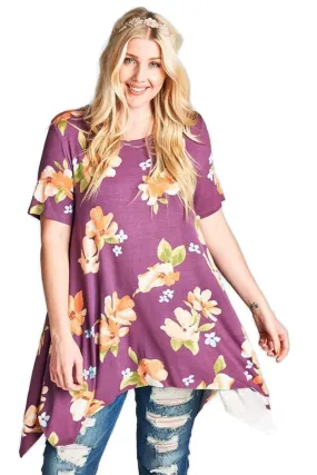 Floral Sharkbite Short Sleeve Tunic, Purple