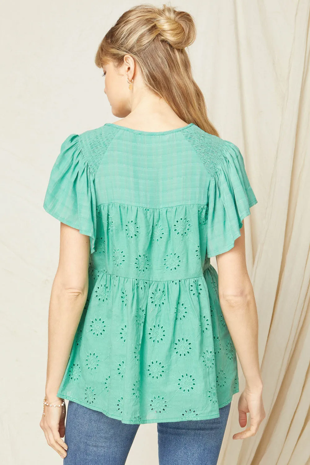 Flutter Sleeve Eyelet Top, Green