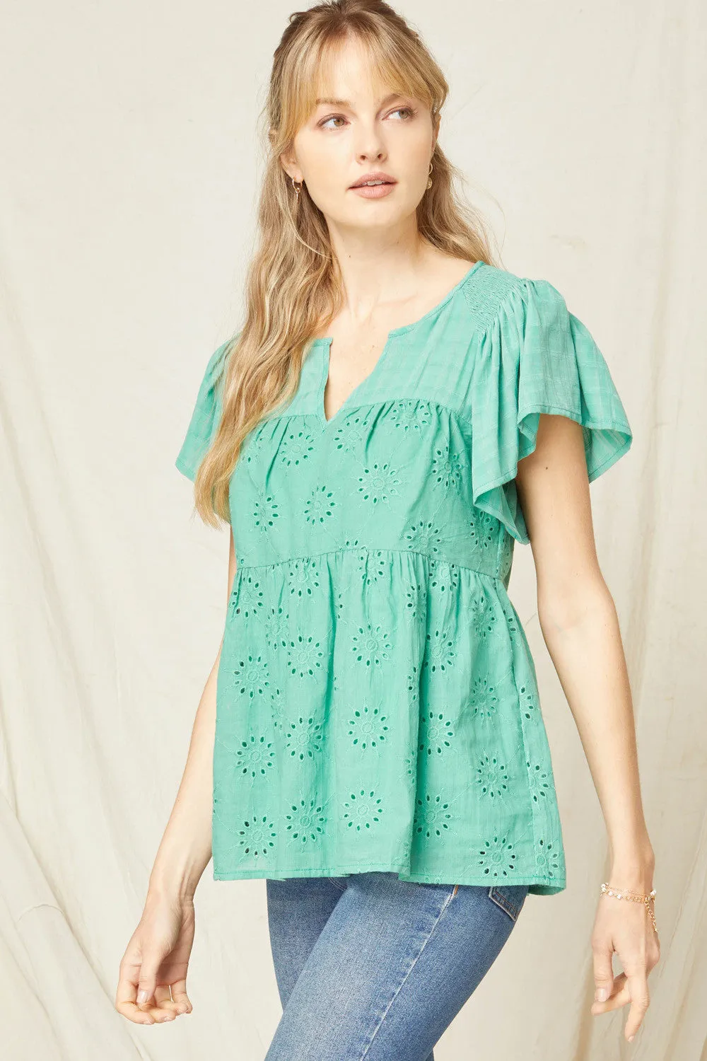 Flutter Sleeve Eyelet Top, Green