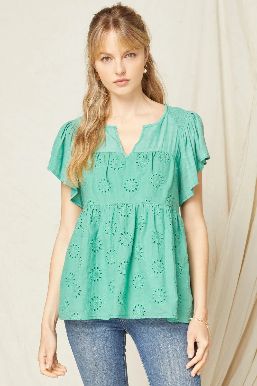 Flutter Sleeve Eyelet Top, Green