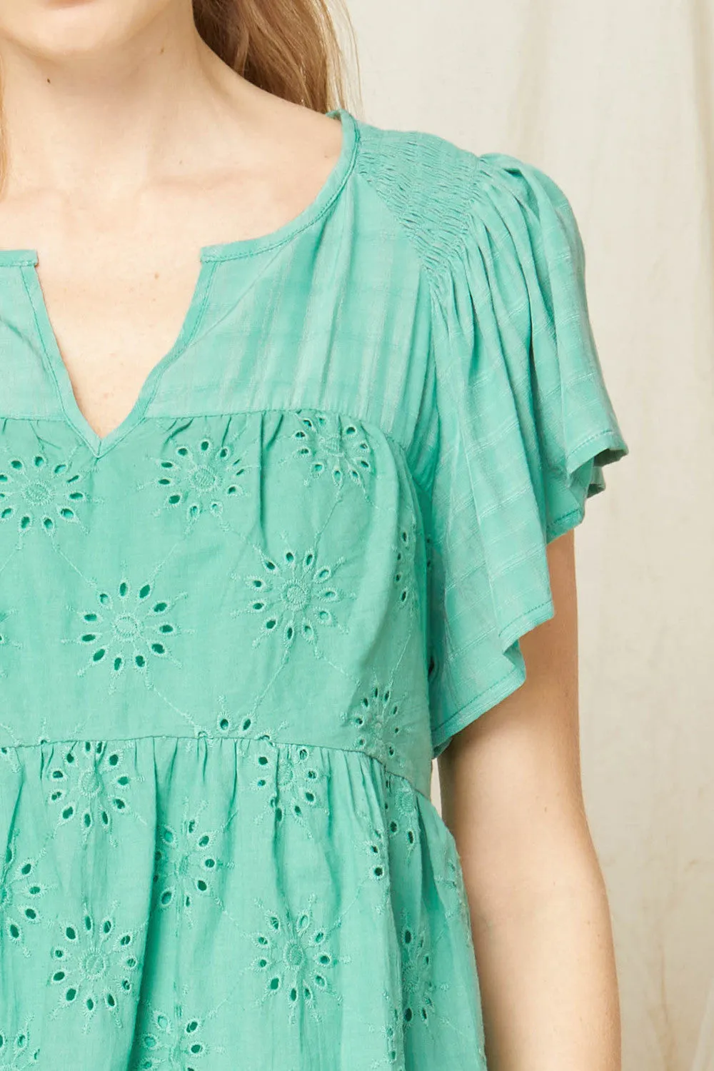 Flutter Sleeve Eyelet Top, Green