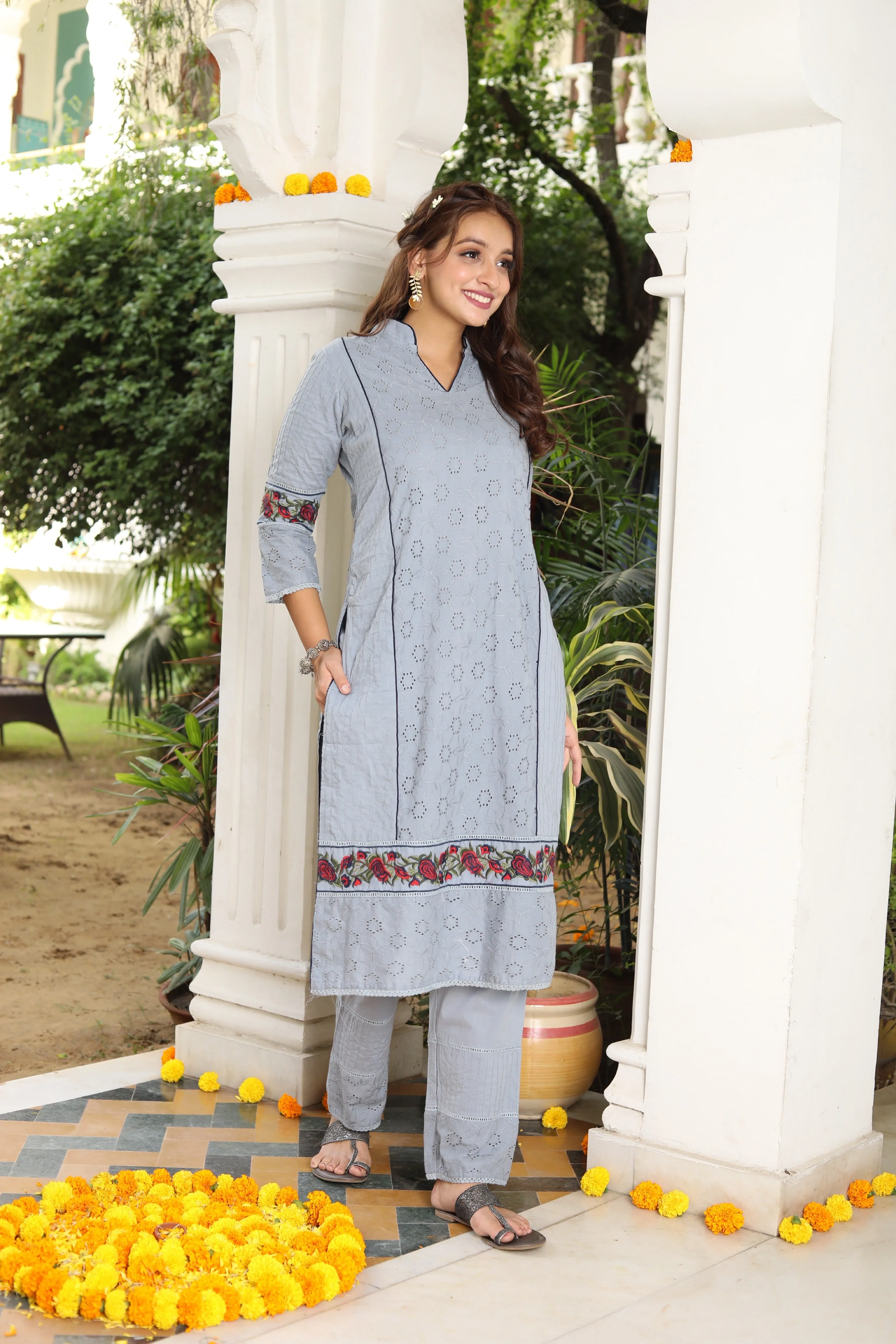 Gardenia On Grey Dupatta Suit Set