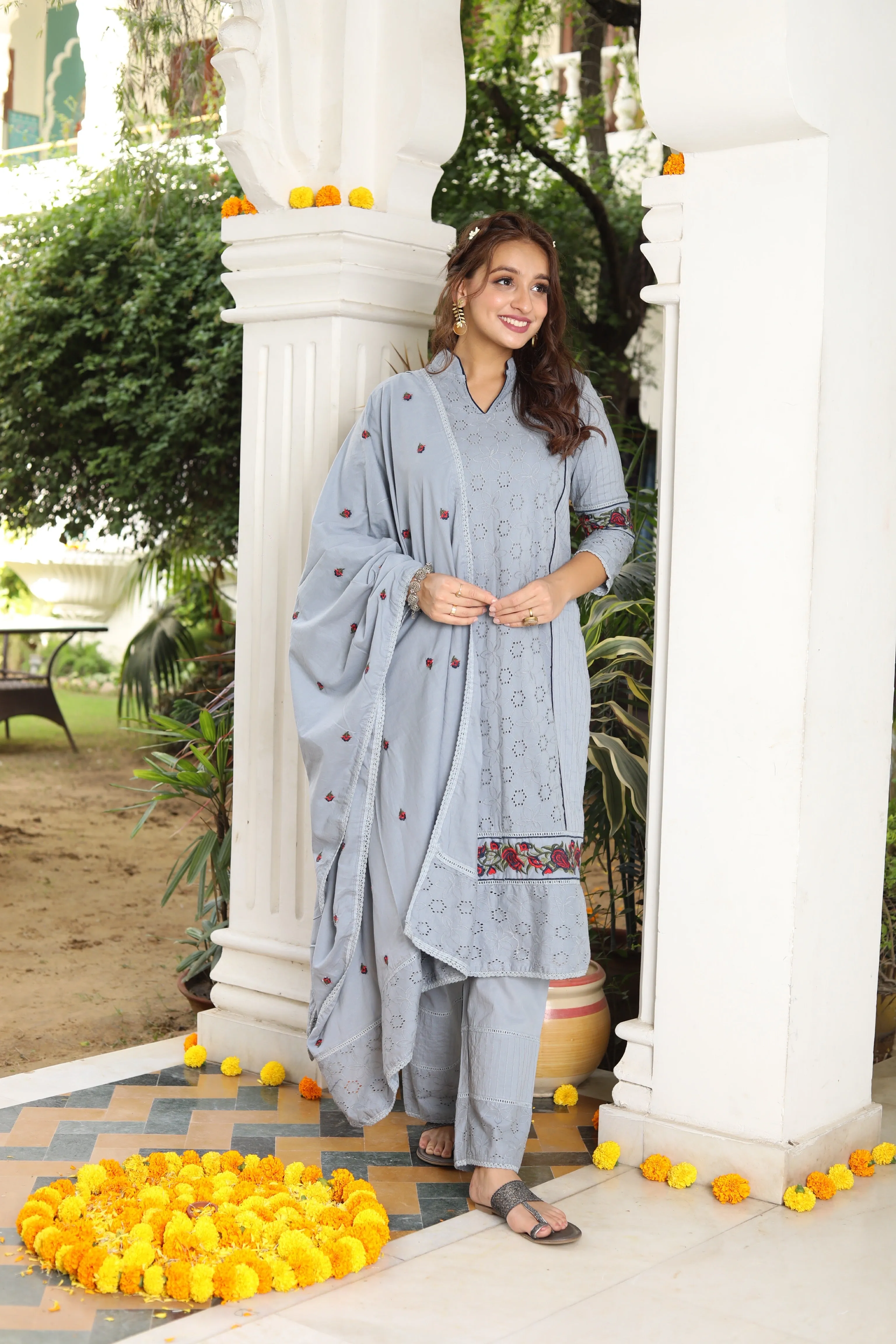 Gardenia On Grey Dupatta Suit Set