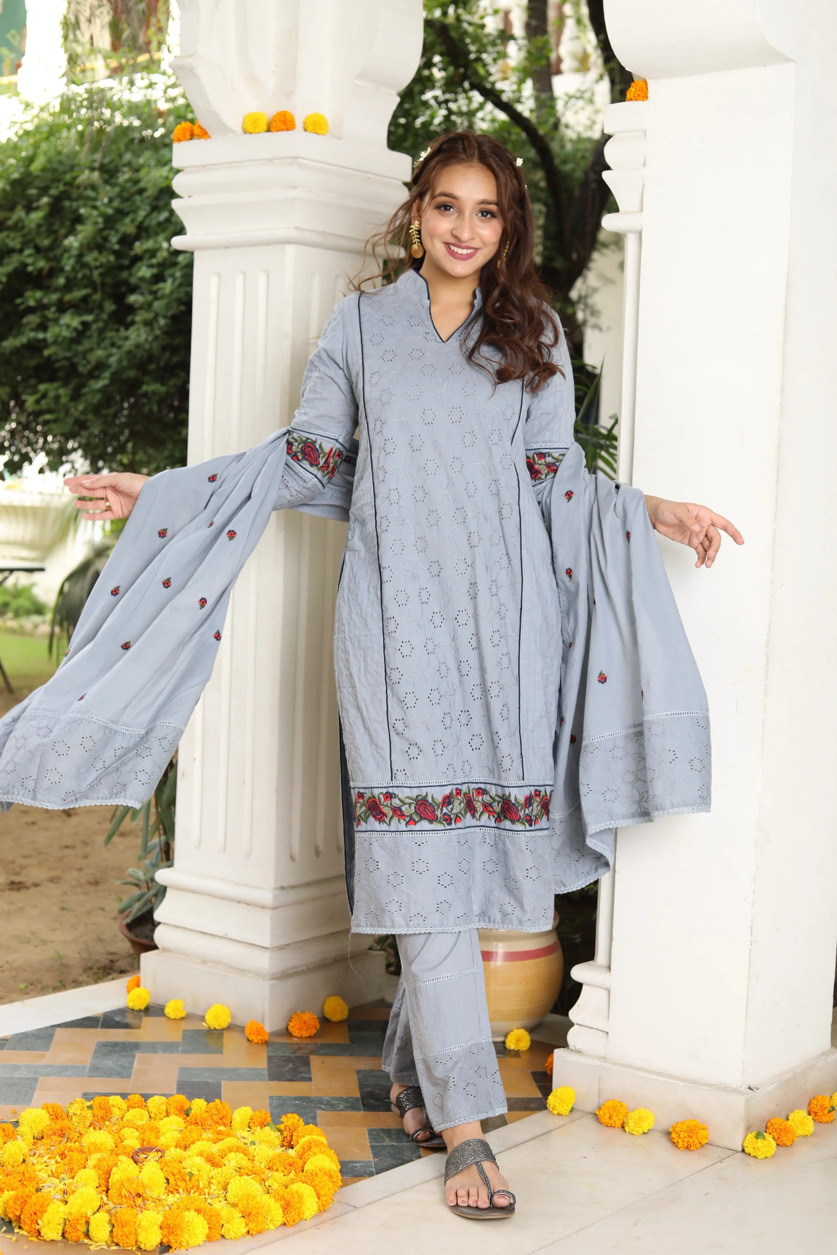 Gardenia On Grey Dupatta Suit Set