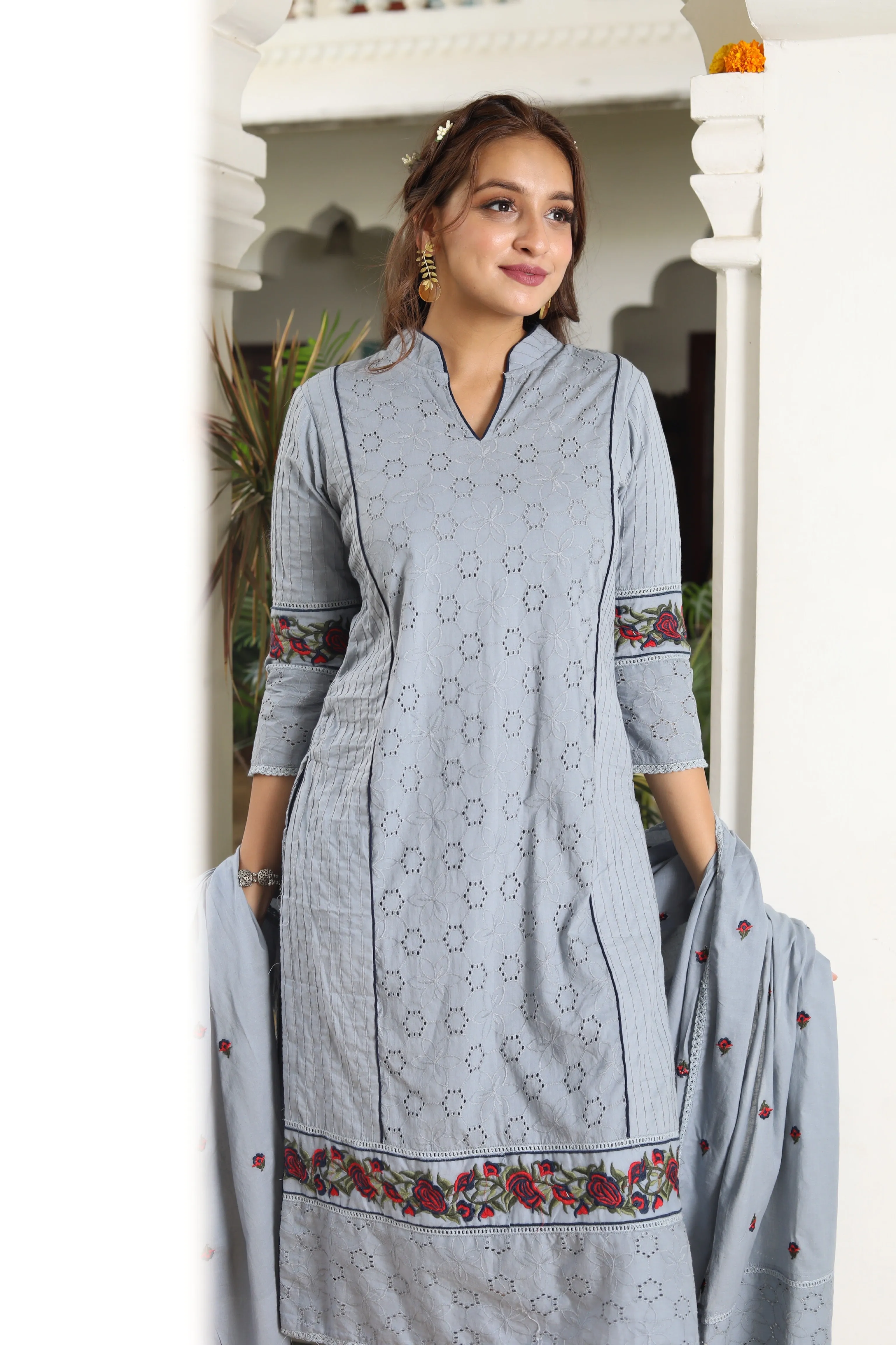 Gardenia On Grey Dupatta Suit Set