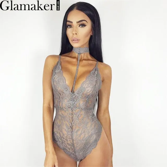 Glamaker Halter bodycon lace jumpsuit romper Elegant floral sleeveless bodysuit women Backless slim party sexy bodysuit