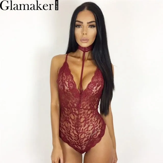 Glamaker Halter bodycon lace jumpsuit romper Elegant floral sleeveless bodysuit women Backless slim party sexy bodysuit