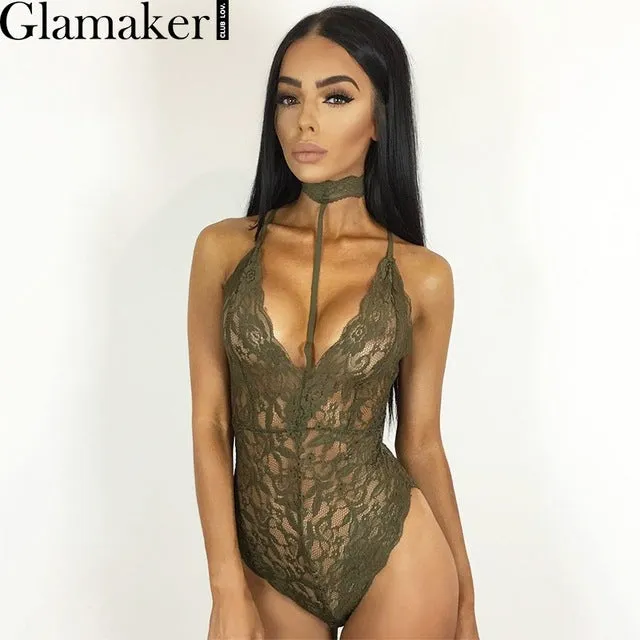 Glamaker Halter bodycon lace jumpsuit romper Elegant floral sleeveless bodysuit women Backless slim party sexy bodysuit