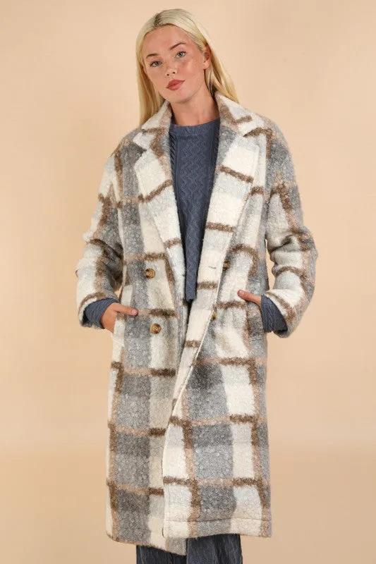 Gray Mix Oversized Plaid Soft Fuzzy Button Down Long Coat