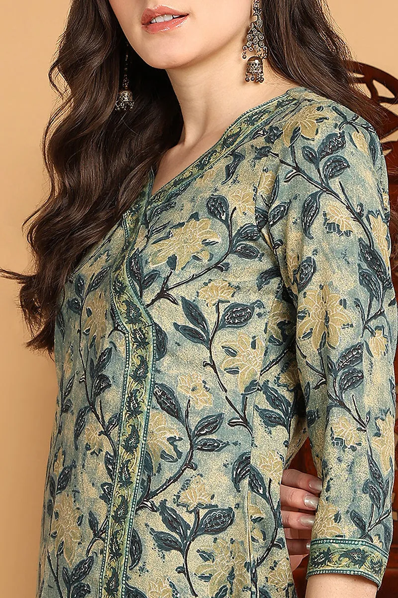 Green And Beige Cotton Blend Floral Printed Angrakha Style Top