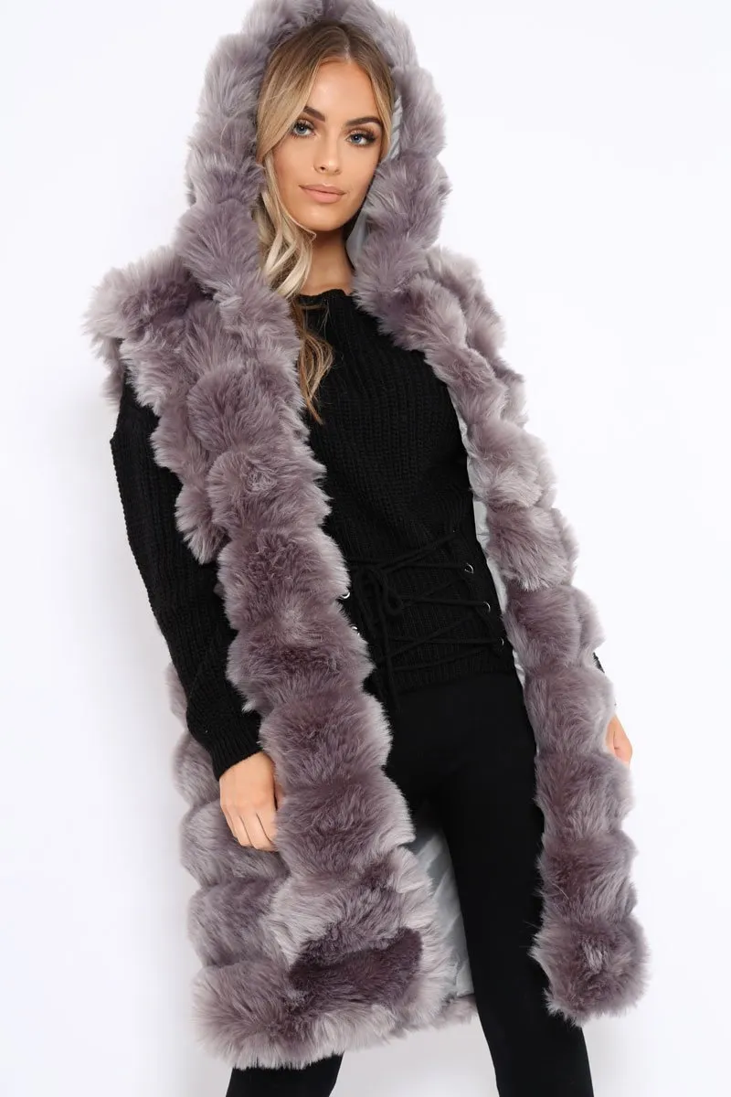 Grey Hooded Faux Fur Gilet - Jadie