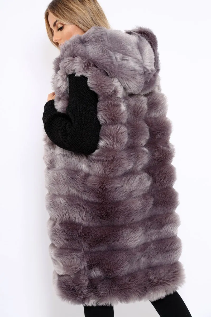 Grey Hooded Faux Fur Gilet - Jadie