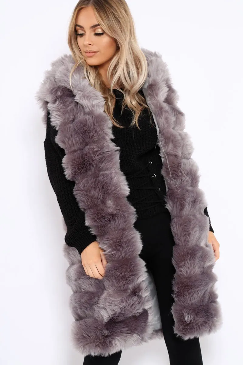 Grey Hooded Faux Fur Gilet - Jadie