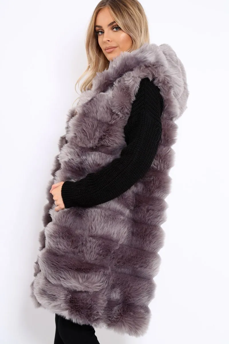 Grey Hooded Faux Fur Gilet - Jadie