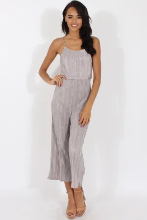 Grey Metallic Pleated Cropped Jumpsuit - Arabella