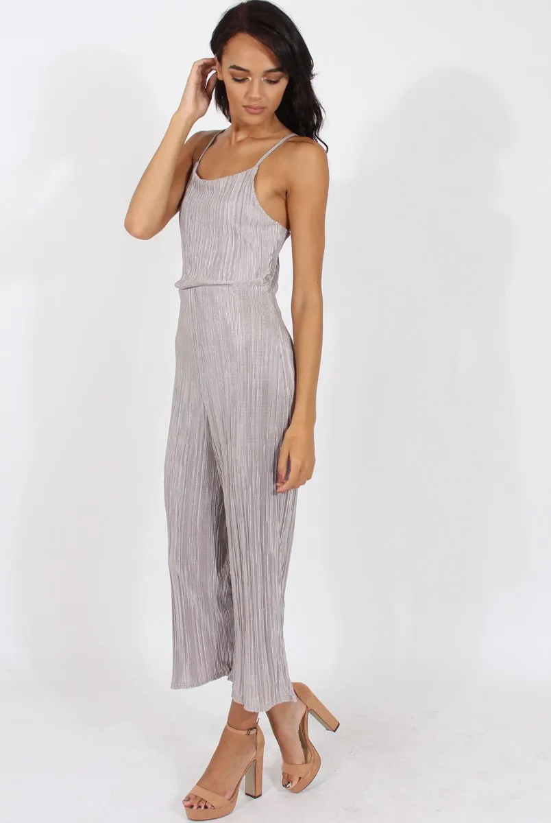 Grey Metallic Pleated Cropped Jumpsuit - Arabella