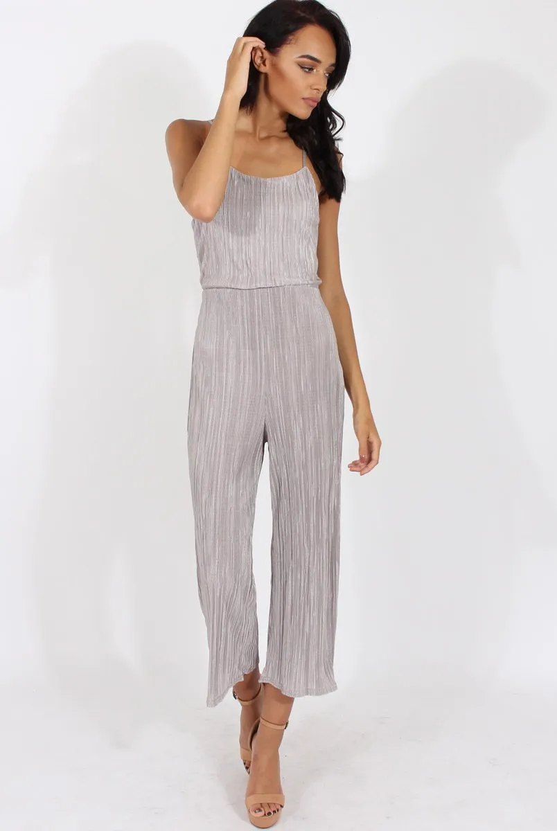 Grey Metallic Pleated Cropped Jumpsuit - Arabella