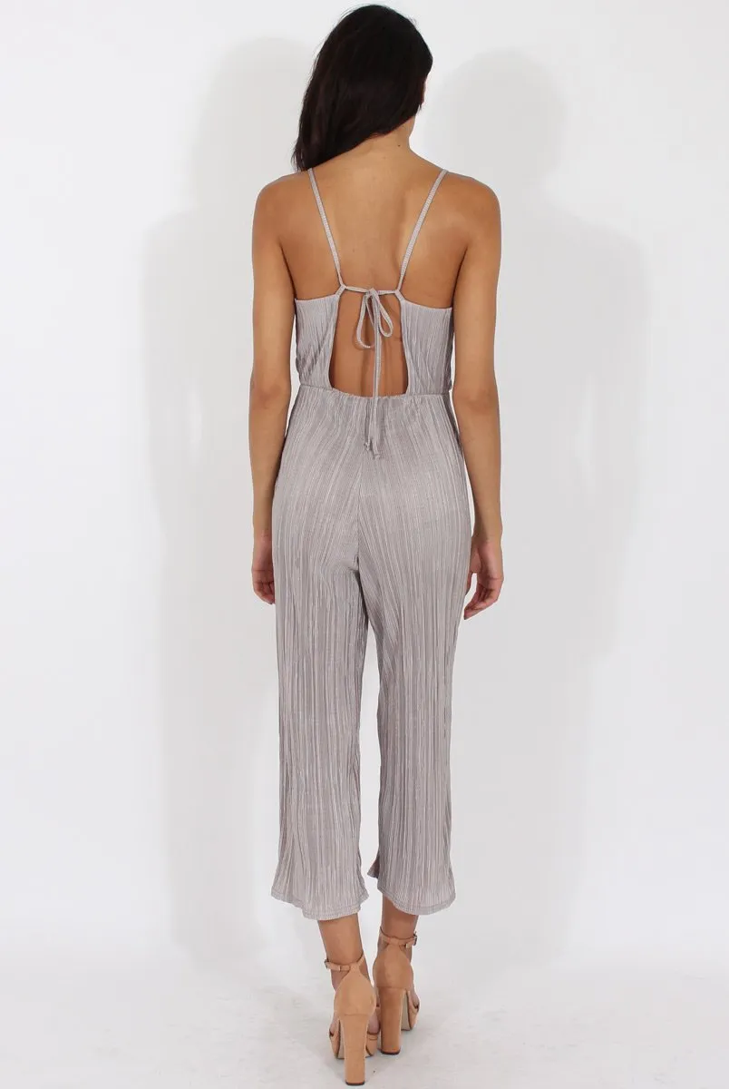 Grey Metallic Pleated Cropped Jumpsuit - Arabella