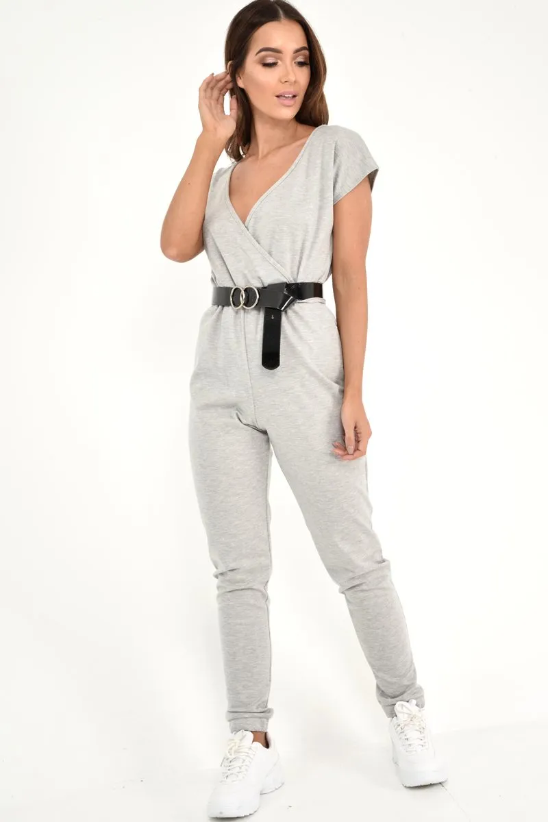 Grey Plunge Drawstring Waist Jumpsuit - Missie