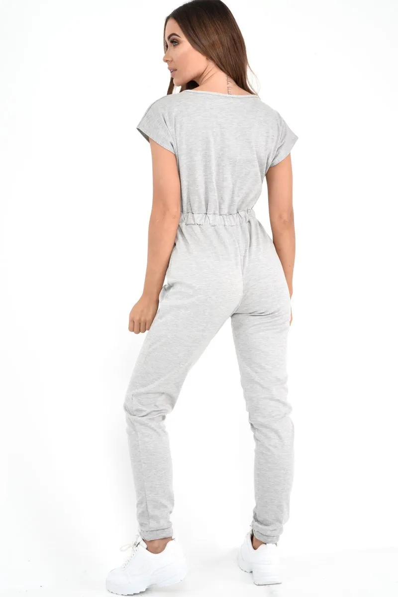 Grey Plunge Drawstring Waist Jumpsuit - Missie