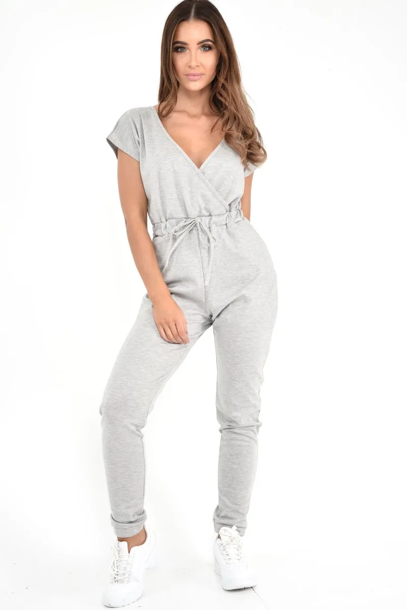 Grey Plunge Drawstring Waist Jumpsuit - Missie