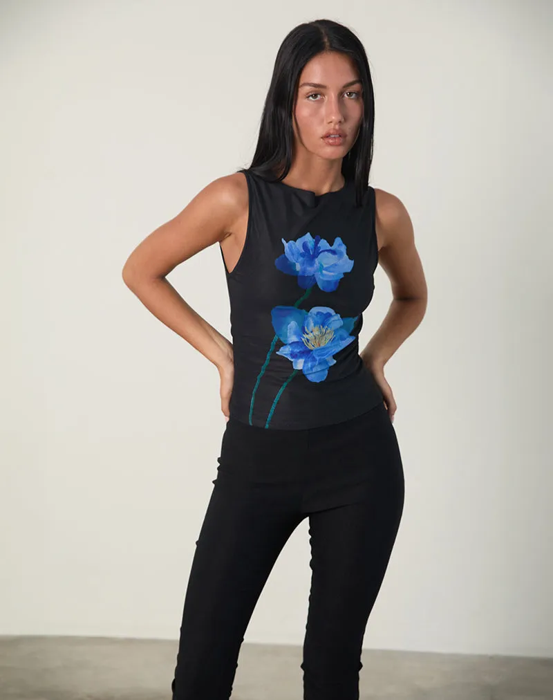 Hala Top in Black with Blue Watercolour Flower