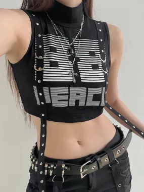 Harajuku Gothic Letter High Neck Crop Top Women Letter Ribbon Rivet Bodycon Vest Short 90s Streetwear Summer Clothes