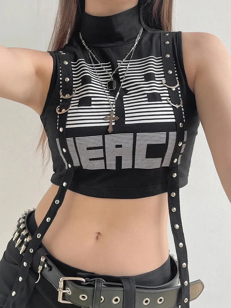 Harajuku Gothic Letter High Neck Crop Top Women Letter Ribbon Rivet Bodycon Vest Short 90s Streetwear Summer Clothes