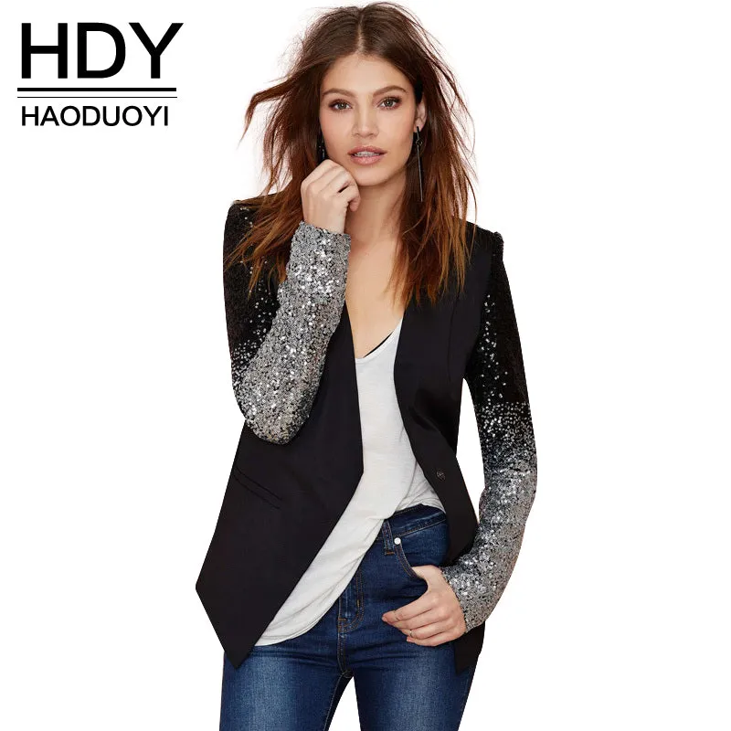 HDY Haoduoyi slim women Pu patchwork Black silver sequins Jackets Full sleeve Fashion winter coat for wholesale