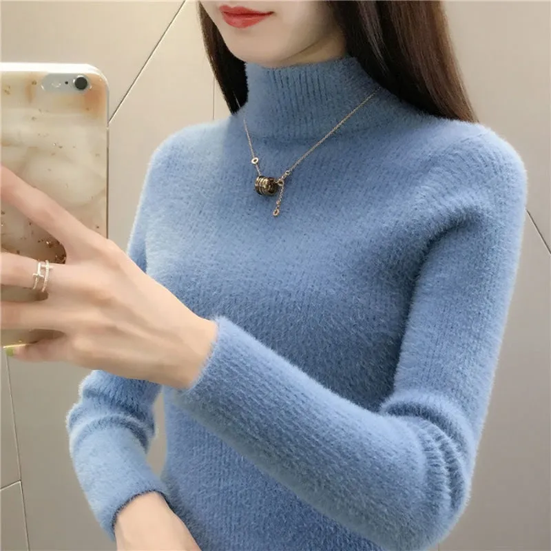 High Quality Faux Fur Women Knitted Sweater Winter Warm Turtleneck Pullover Female Top Casual Thick Korean Loose Jumper