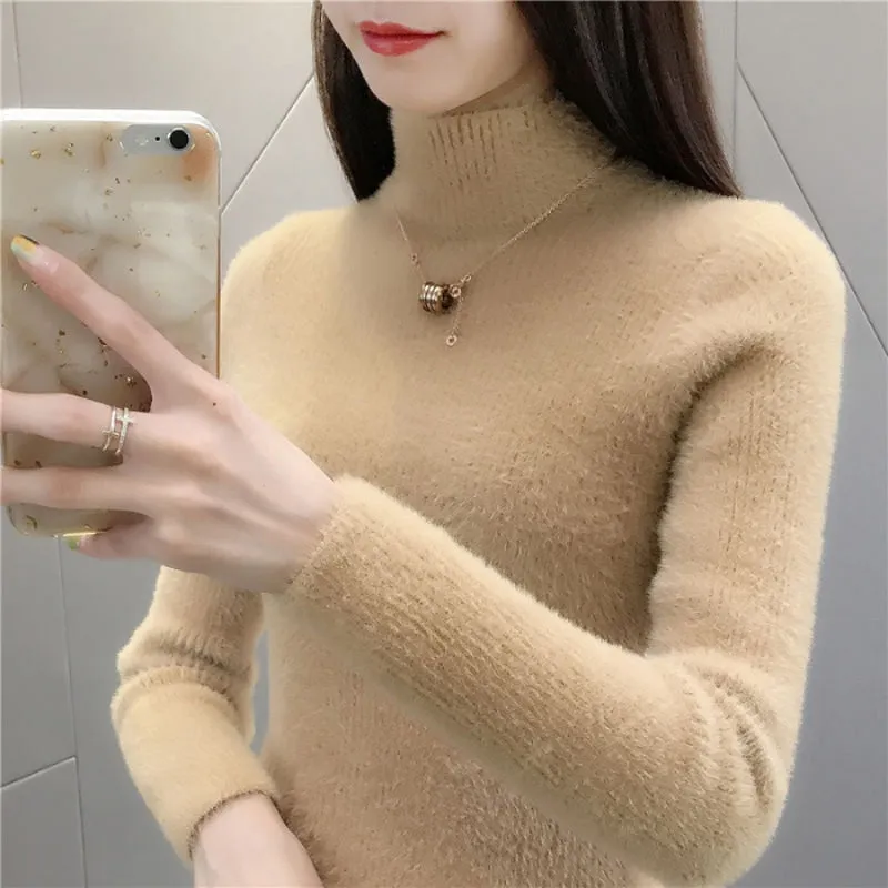 High Quality Faux Fur Women Knitted Sweater Winter Warm Turtleneck Pullover Female Top Casual Thick Korean Loose Jumper