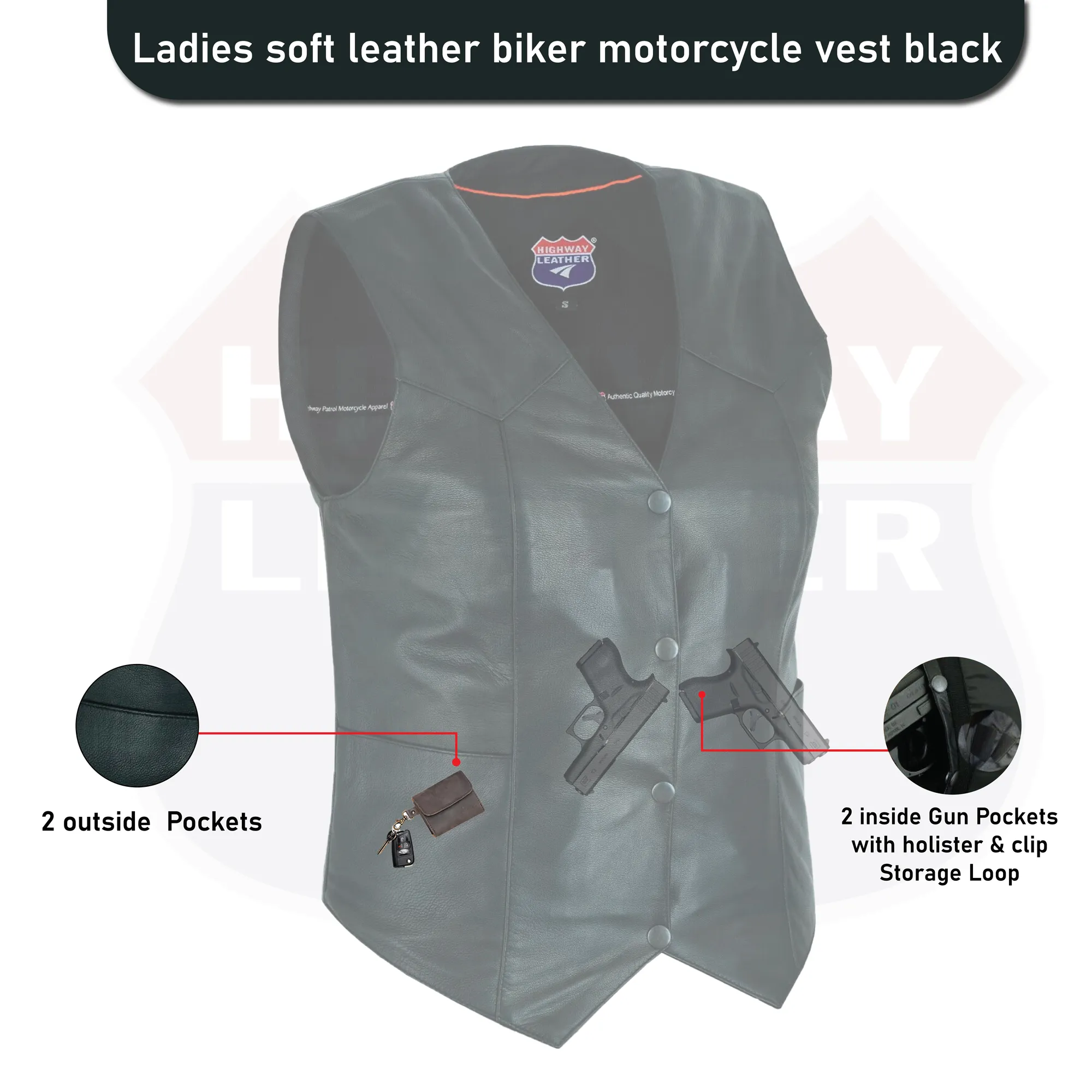 HL14500BLACK Ladies Women soft leather biker motorcycle vest black concealed carry