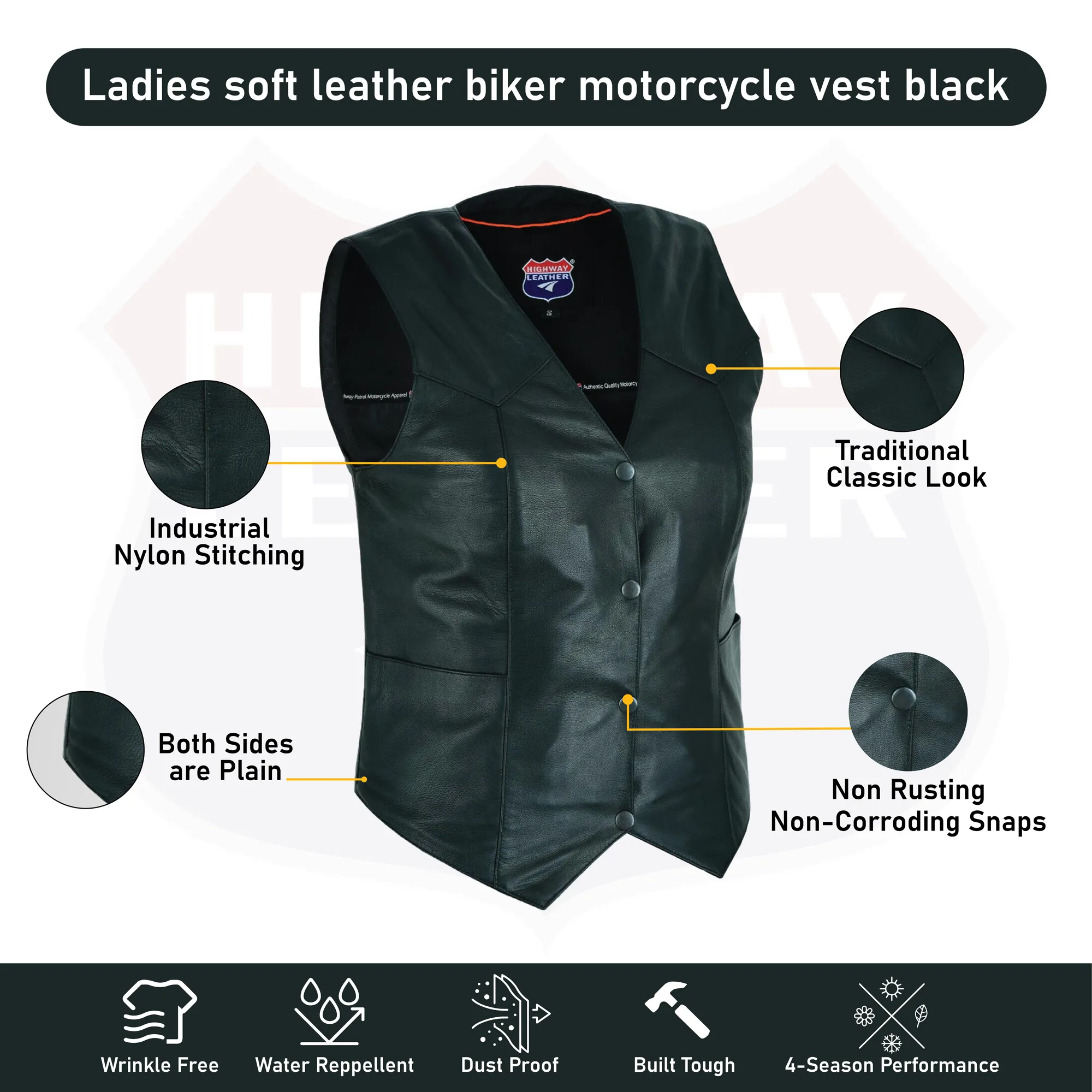 HL14500BLACK Ladies Women soft leather biker motorcycle vest black concealed carry