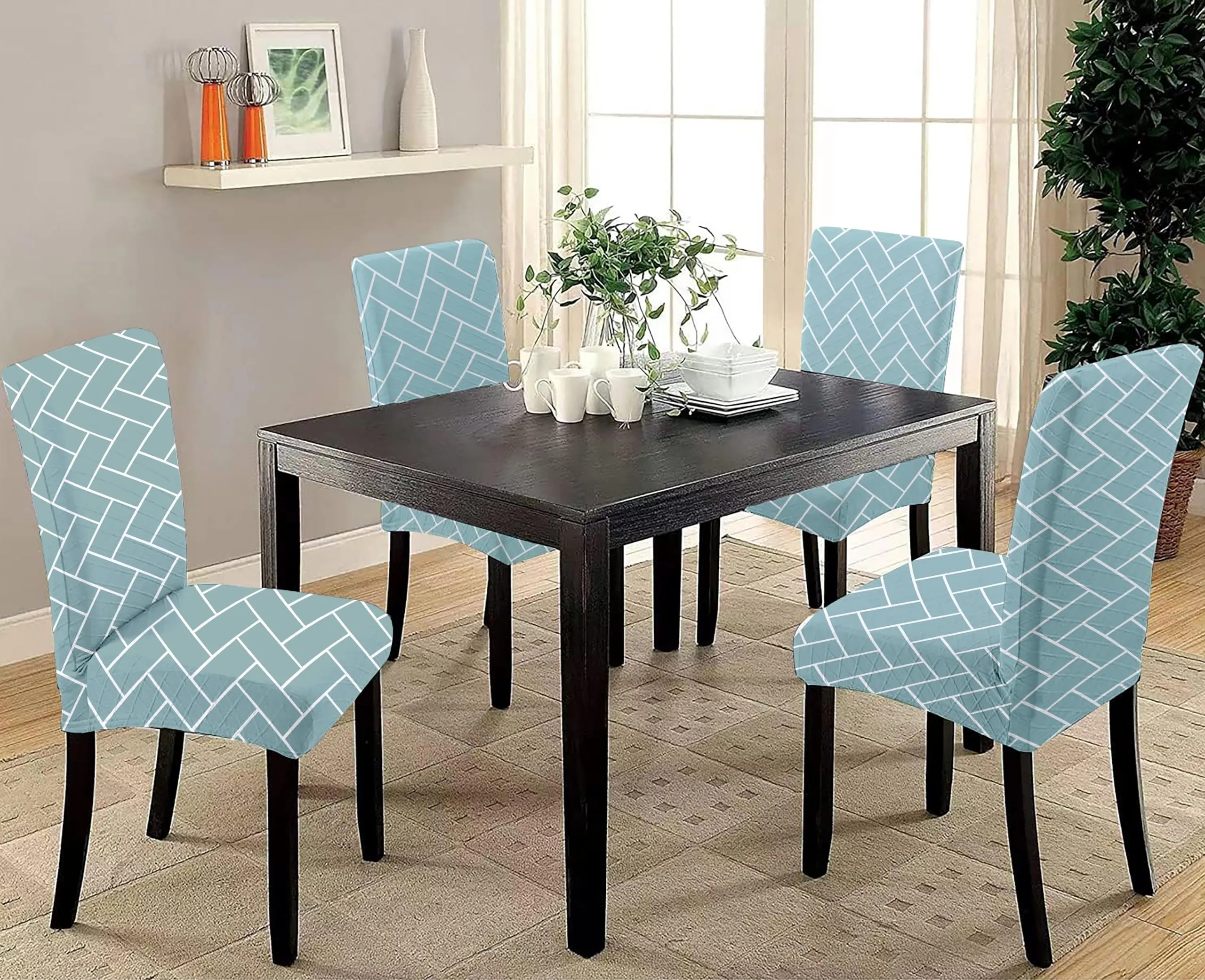 HOTKEI Pack of 4 Pastal Green Brick Printed Elastic Stretchable Dining Table Chair Seat Cover Protector Slipcover for Dining Table Chair Cover Set of 4 Seater, Polyester Blend