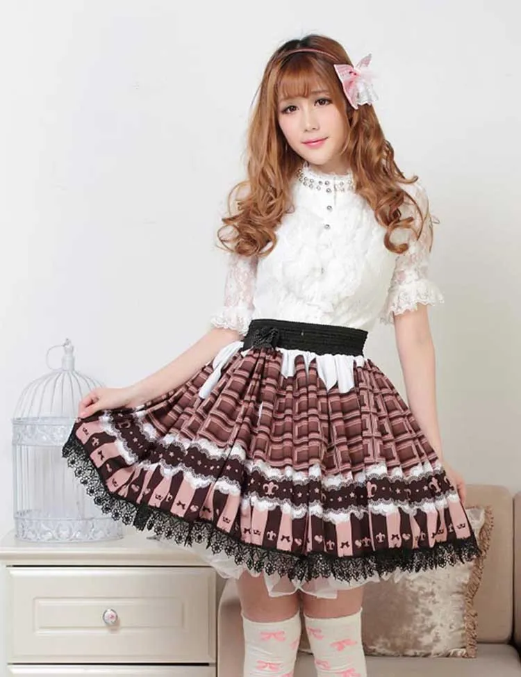 Japanese Style Lovely Chocolate Color Pleated Lace Lolita Skirt for Girl