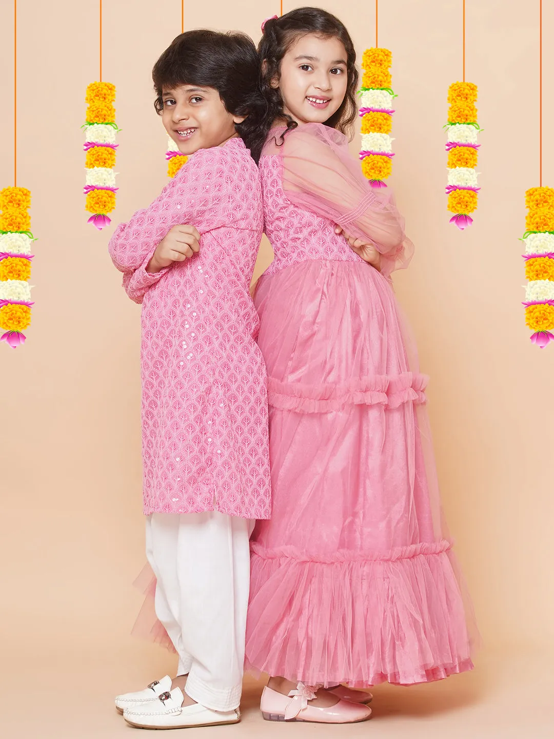 Jashvi Girls Pink Embroidered Net Fit & Flared Gown Dress