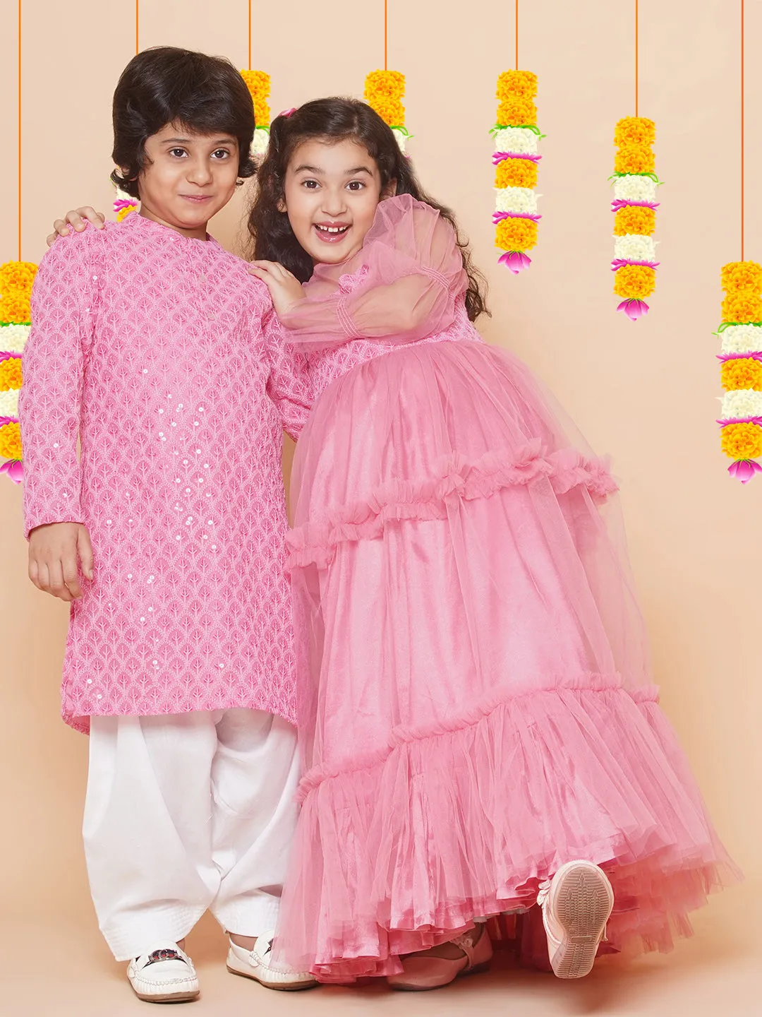 Jashvi Girls Pink Embroidered Net Fit & Flared Gown Dress