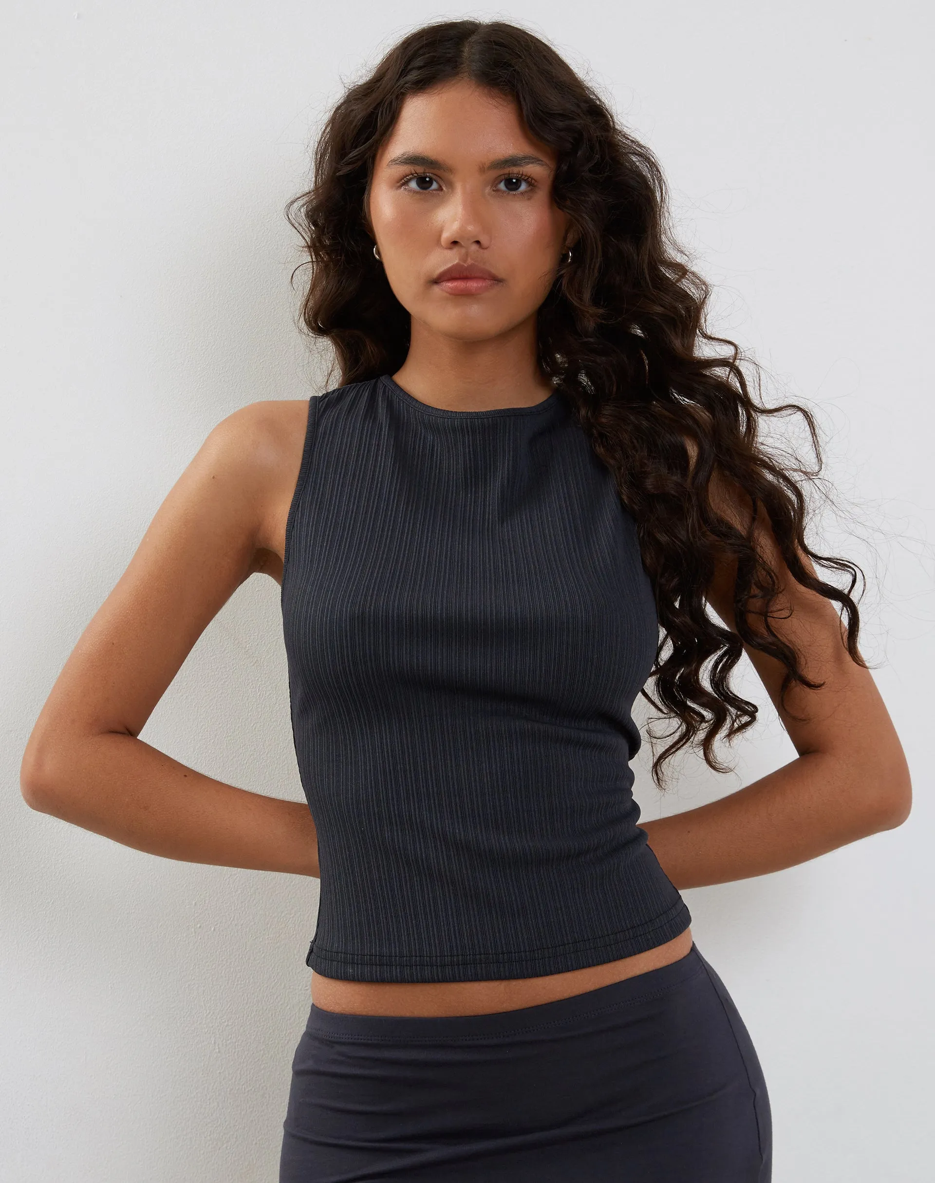 Jordin High Neck Jersey Top in Ribbed Ocean Storm