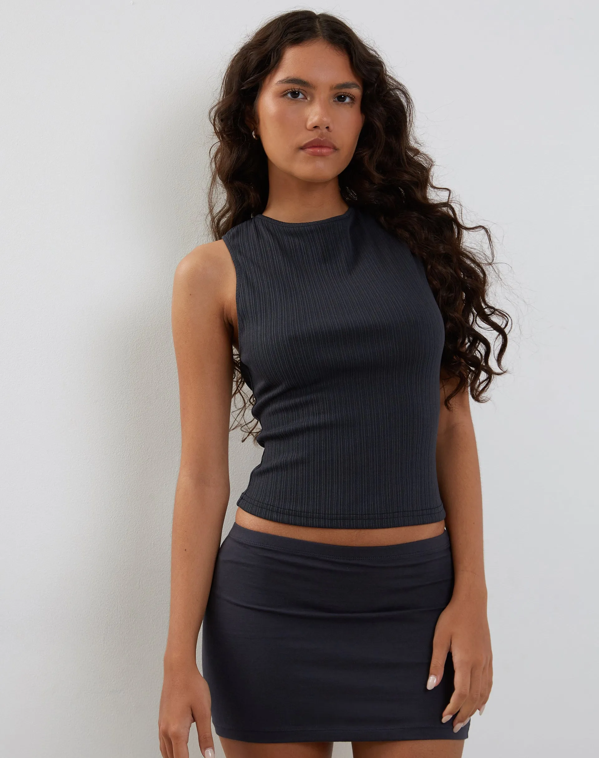 Jordin High Neck Jersey Top in Ribbed Ocean Storm