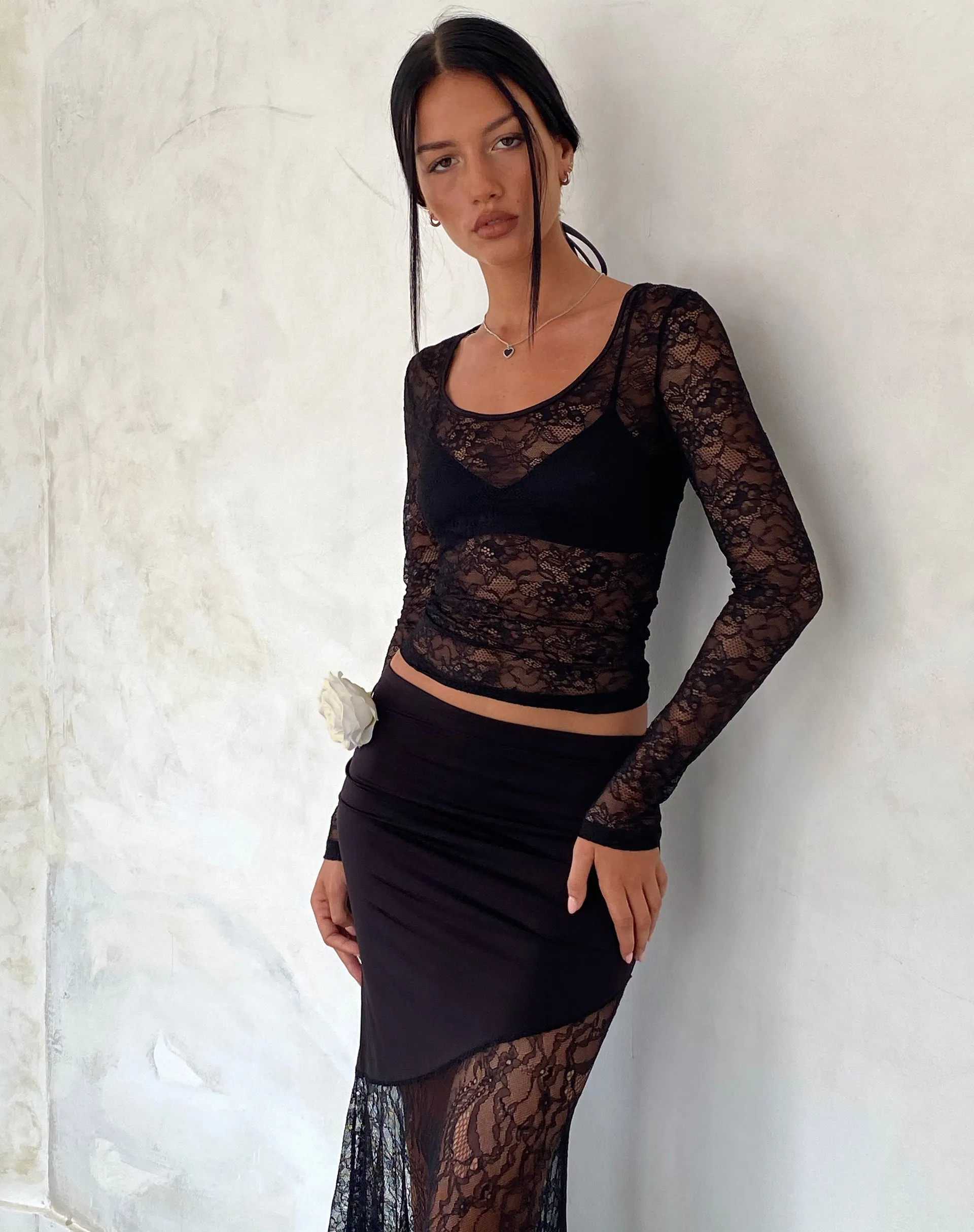 Lainey Unlined Long Sleeve Top in Black Lace