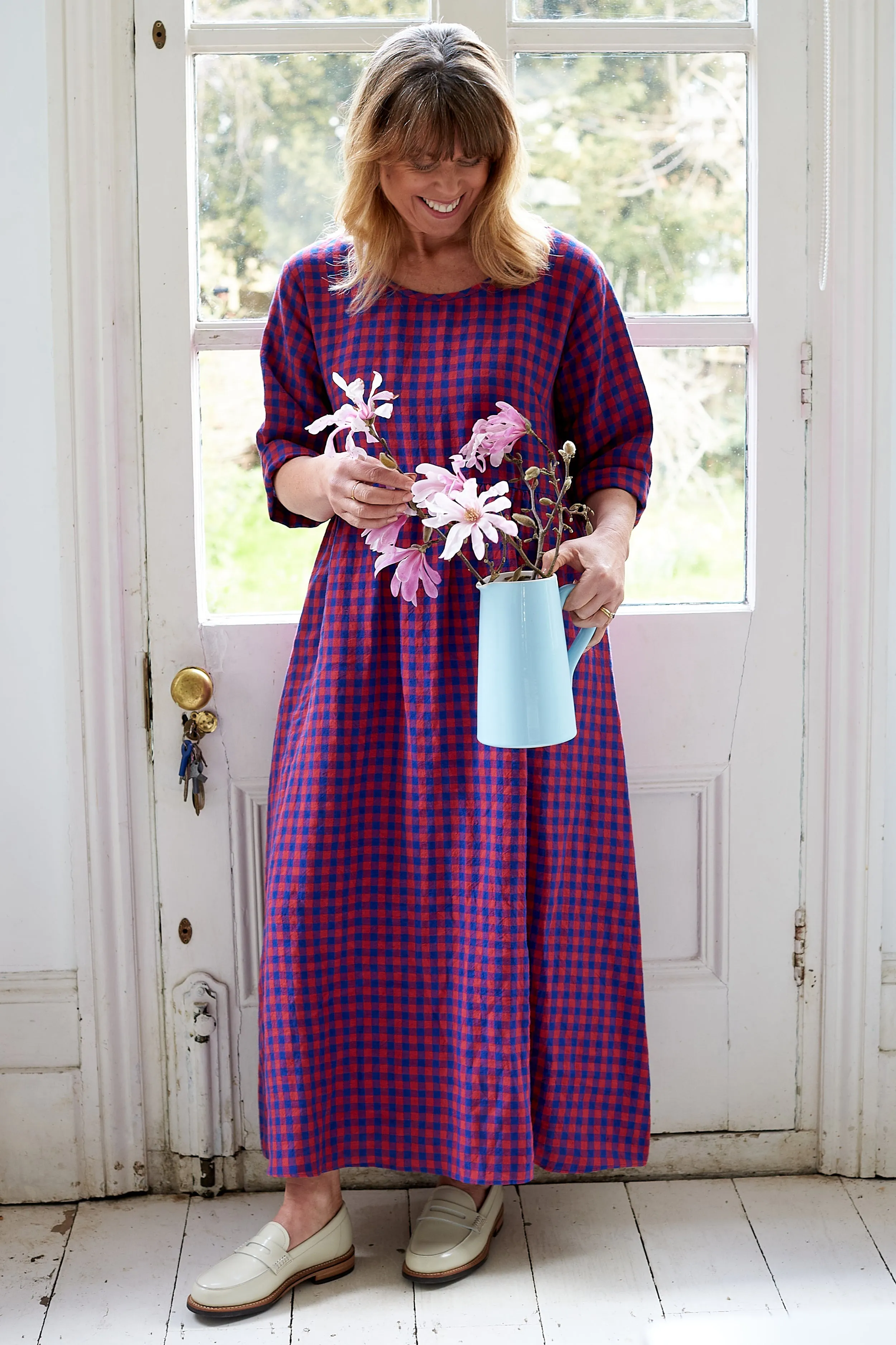 Lavenham Dress in Red and Blue Gingham Irish Linen