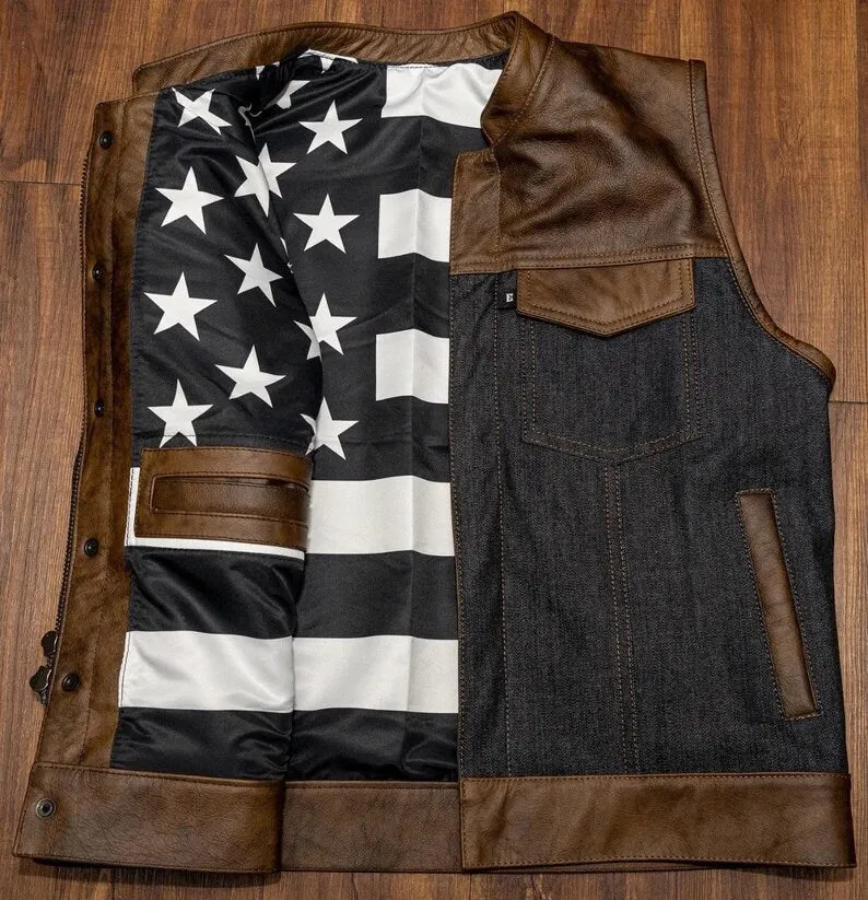 Leather Vest American Flag Distress Brown Classic Vest Denim Vest Leather Men Vest Biker vest Motorcycle Vest Men Waistcoat Biker Vest