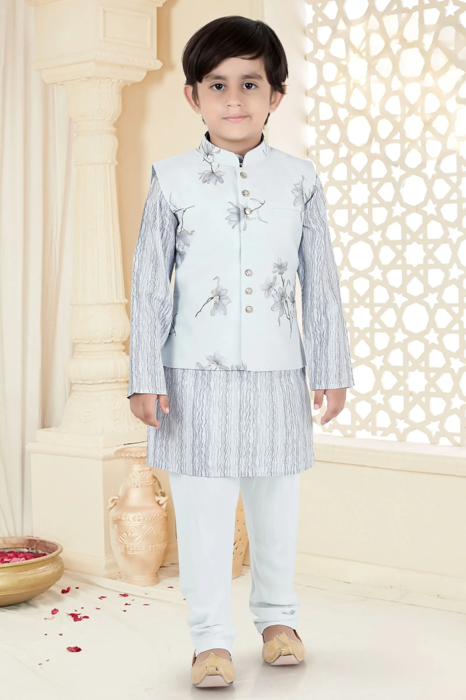 Light Blue Printed Waist Coat Kurta Set for Boys