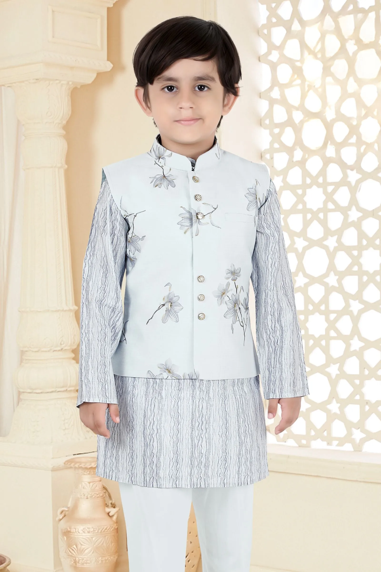 Light Blue Printed Waist Coat Kurta Set for Boys