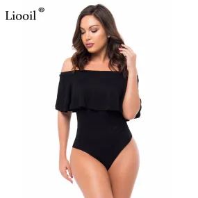 Liooil Sexy Women Ruffles Spandex Bodysuit 2017 Summer Slash Neck Short Sleeve Black Off Shoulder Bodycon One Pieces Jumpsuit