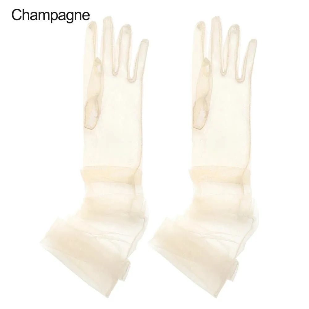 Long Mesh Tulle Gloves for Women - Elbow Length, Acetate Material (23cm, 55cm) - Black, White, Red, Grey, Champagne