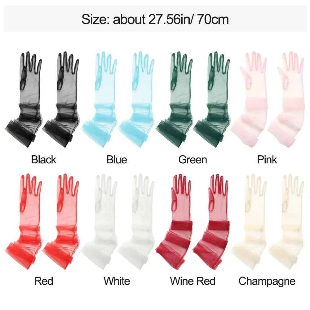 Long Mesh Tulle Gloves for Women - Elbow Length, Acetate Material (23cm, 55cm) - Black, White, Red, Grey, Champagne