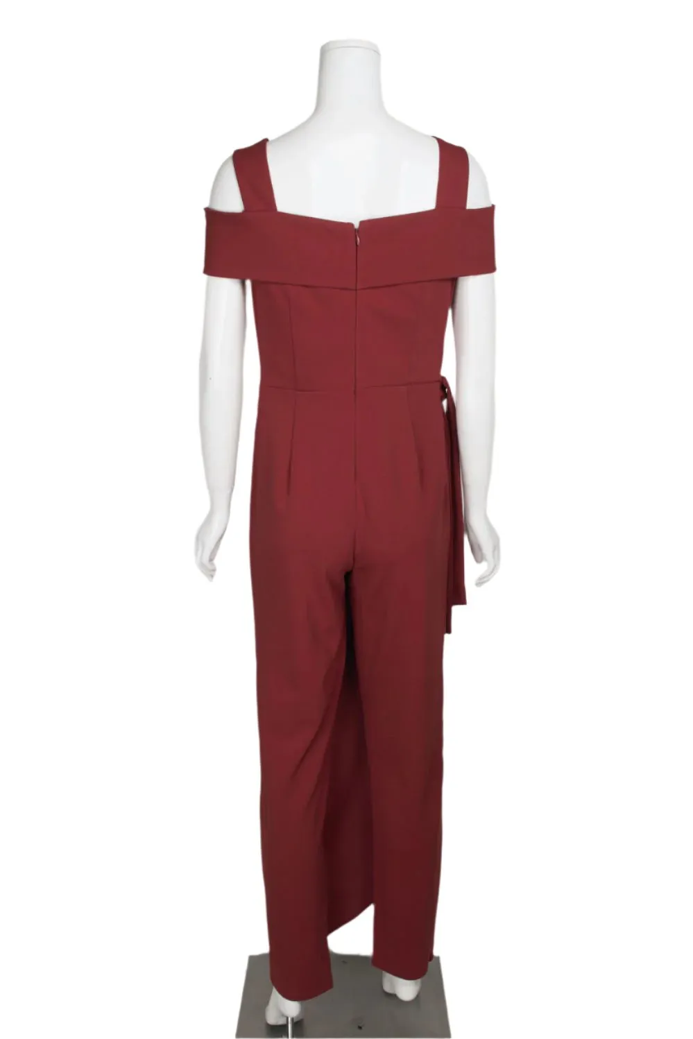 Marina Square Neck Off Shoulder Tie Side Zipper Back Faux Sarong Overlay Crepe Jumpsuit